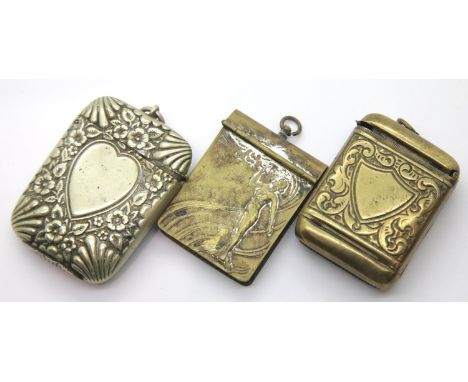 Three vintage brass vesta cases. P&amp;P Group 1 (£14+VAT for the first lot and £1+VAT for subsequent lots) 