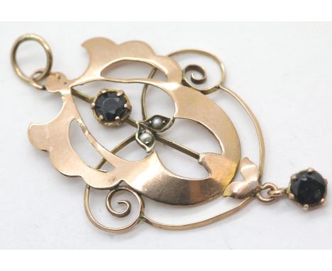 Antique 9ct rose gold, sapphire and pearl pendant. P&amp;P Group 1 (£14+VAT for the first lot and £1+VAT for subsequent lots)