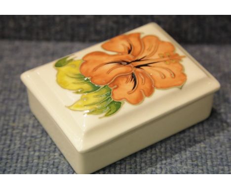 Moorcroft rectangular box in the Pink Hibiscus pattern. P&amp;P Group 1 (£14+VAT for the first lot and £1+VAT for subsequent 