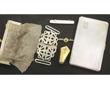 Collection of silver plated items inc cigarette box,evening purse, nurses belt buckle etc. P&amp;P Group 1 (£14+VAT for the f