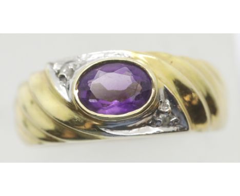 American 14ct gold ladies oval amethyst and diamond ring, size M, 3.7g. P&amp;P Group 1 (£14+VAT for the first lot and £1+VAT