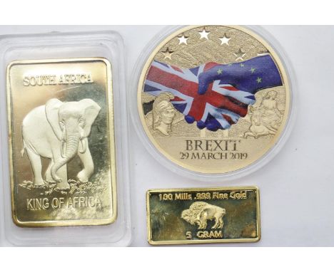 Proof gold plated 2019 Brexit history of Britain coin and two yellow metal ingots. P&amp;P Group 1 (£14+VAT for the first lot