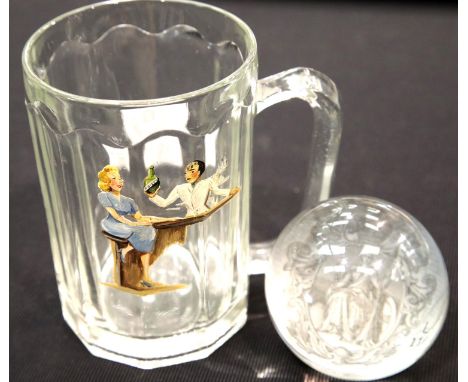 1950s pint tankard with clothed lady to outer and the same lady naked to inner and a paperweight. P&amp;P Group 1 (£14+VAT fo