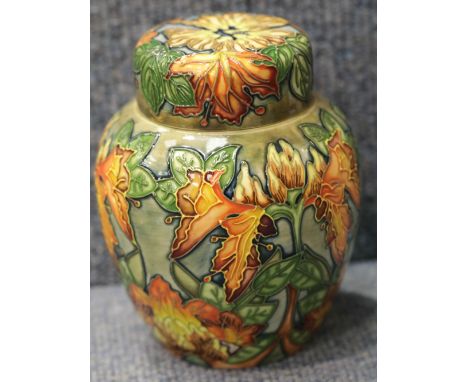 Large boxed Moorcroft ginger jar in the Flames of the Forest pattern. P&P Group 2 (£18+VAT for the first lot and £2+VAT for s