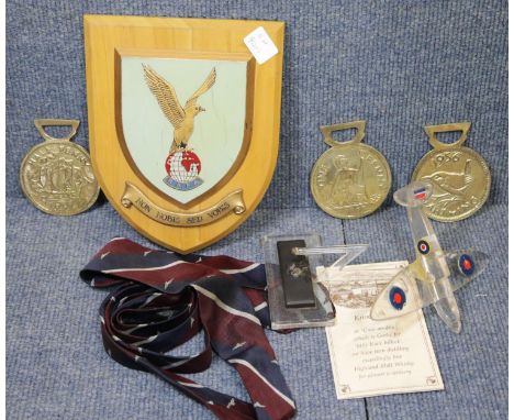 RAF NAAFI signed perspex model Spitfire and a brass art set. P&amp;P Group 2 (£18+VAT for the first lot and £2+VAT for subseq