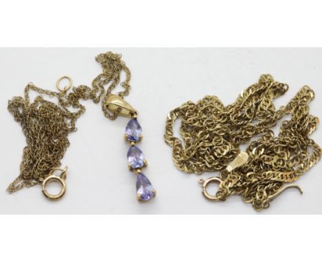 9ct gold three stone pendant with tanzanite coloured stones on a fine 9ct chain and a further fine 9ct chain with damaged cla