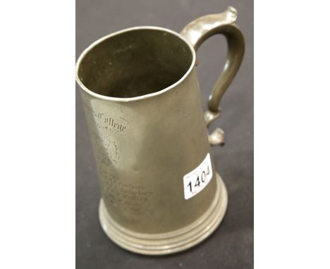 Large pewter glass bottomed quart tankard, stamped for A&amp;S London, inscribed for the the St Catherine's College trial eig