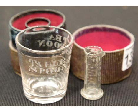 19th century boxed etched glass medicine cup and beaker measure. P&amp;P Group 1 (£14+VAT for the first lot and £1+VAT for su