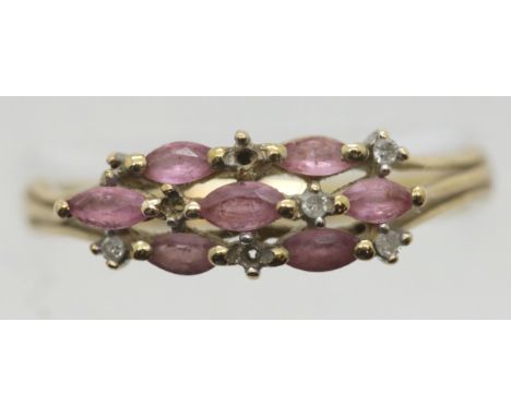 9ct gold pink topaz and diamond ring, size R, 2 diamonds missing, 2.0g. P&amp;P Group 1 (£14+VAT for the first lot and £1+VAT