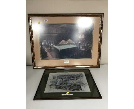 A gilt framed print - A hunting morning, a framed Joe David snooker print, framed print - workers on the Nissan car line 
