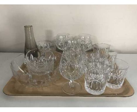 A tray of set of six lead crystal whiskey tumblers, five brandy glasses and five piece dessert set  