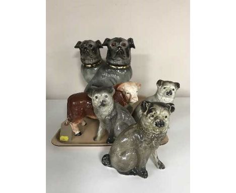 A tray of Melba Ware bull, pair of pug figures, etc 