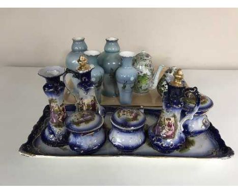 A tray of four Shelley vases depicting boats, eight piece china trinket set, oriental teapot and lidded sugar basin 