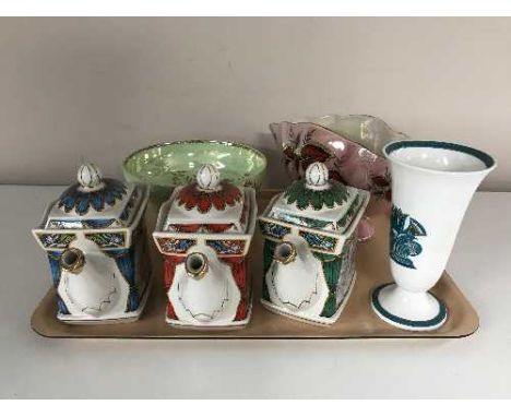 A tray of three Saddler teapots, Susie Cooper Ashmun vase, Maling vase and fruit bowl 