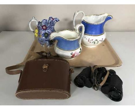 A tray of cased German Hartmann binoculars in case and three late 19th century pottery jugs 