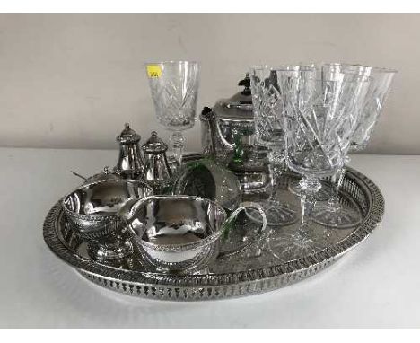 A plated gallery tray and three piece plated tea service, crust set, Caithness paperweight, five etched Irish crystal wine gl