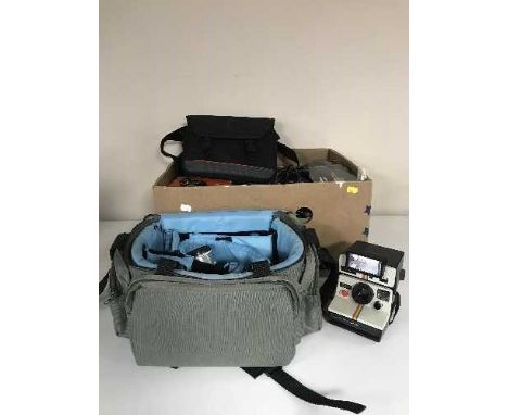 Two boxes of cameras, equipment, Poloroid camera, etc 