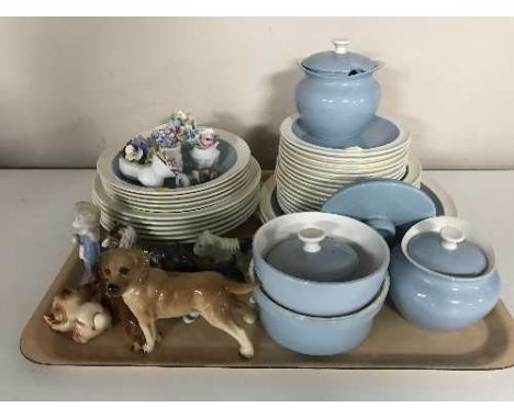 A tray of part Wedgwood Summer Sky dinner service, dog figures, flower posies 