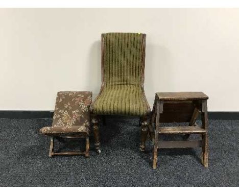 An antique bedroom chair, pine stool steps and a gout stool 