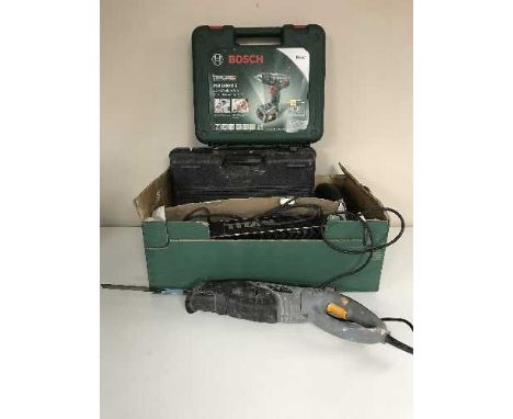 A box of assorted electrical power tools - cased Bosch 18v drill (no battery), Hitachi drill, reciprocating saw, Black & Deck