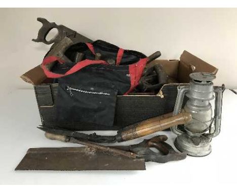 A box of vintage hand tools, garden tools, Tilly lamp, shoe lasts etc 