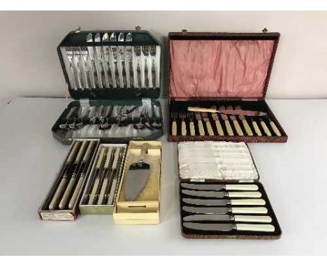 A tray of cased and boxed table cutlery 