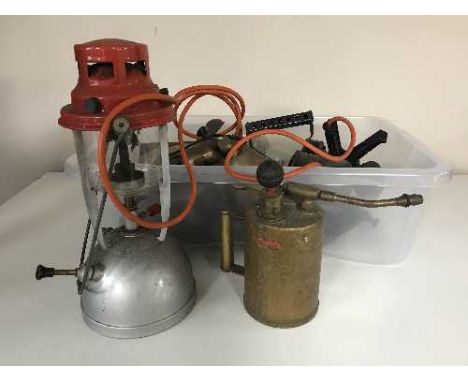 A box of vintage blow torches, wood working planes, Tilley lamp etc 