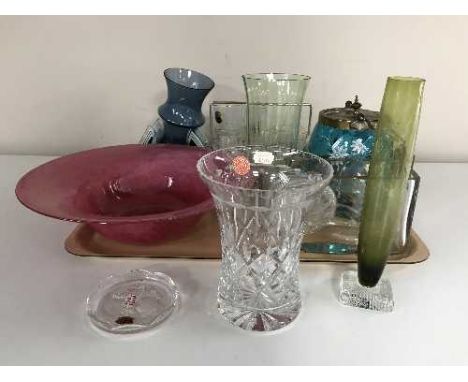 A tray of hand painted glass biscuit barrel, Webb Corbit glass vase, envelope glass vase, etc 