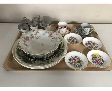 A tray of two late 19th century china coffee cans with saucers, Royal Worcester pin dishes and egg coddlers, assorted plates,
