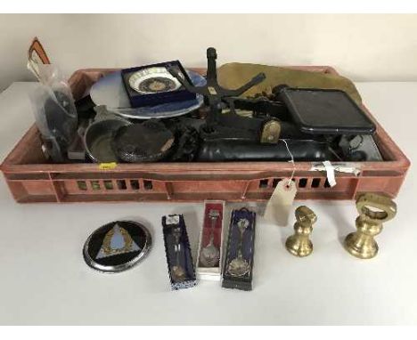 A box of kitchen scales and weights, tea spoons, continental blue and white plate etc 