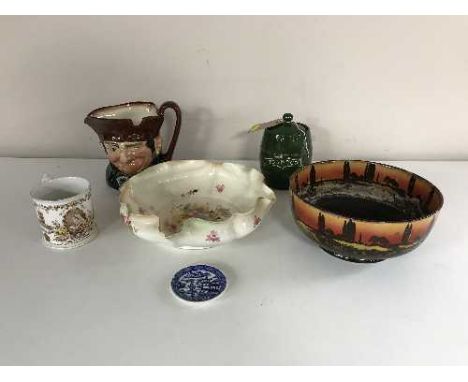 A tray of Royal Doulton Old Charlie character jug, Royal Doulton fruit bowl, Queen Victoria mug, tobacco jar etc 