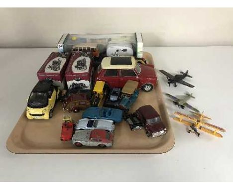 A tray of boxed and loose die cast vehicles and planes 