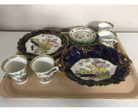A tray of four Peacock pottery Indian Tree trios and five piece Paragon china serving set 
