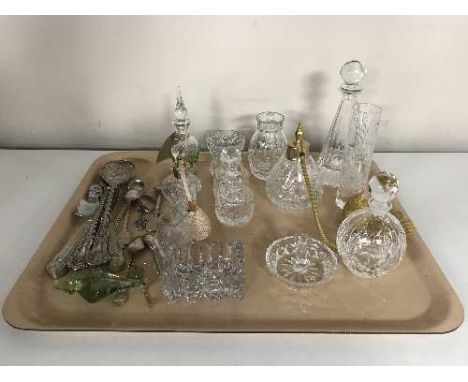 A tray of assorted lead crystal perfume bottles, vases, preserve pots and plated cutlery 