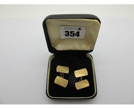 A Pair of Chester Hallmarked 9ct Gold Cufflinks, part engine turned panels, initialled, to chain extension. (6 grams).