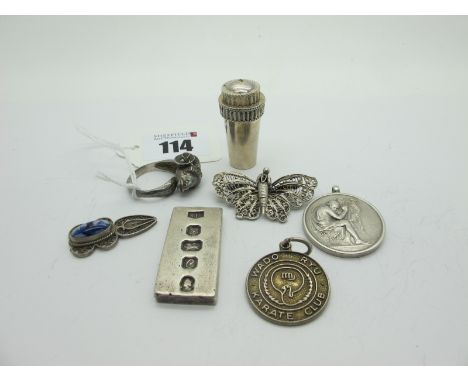 A Hallmarked Silver Ingot, 1977, together with hallmarked silver Karate Club medallion pendant, further pendant 'The Besson A