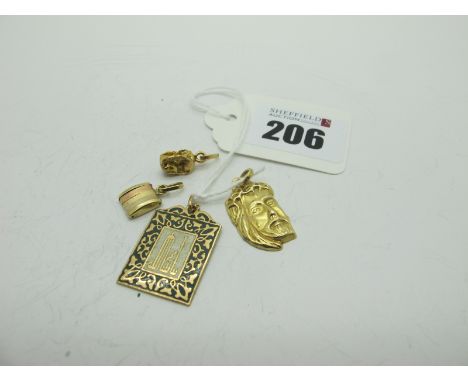 A Modern Pendant, stamped "750", depicting the face of Christ (1.6grams); An Islamic Pendant, highlighted in enamel, etc. (4)
