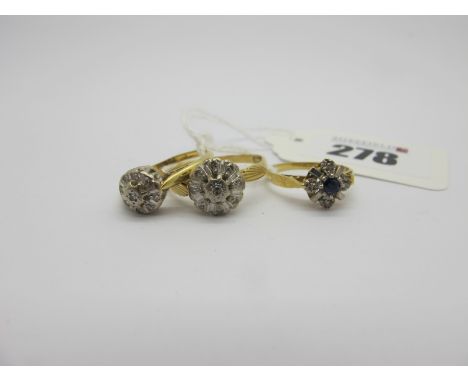 An 18ct Gold Cluster Ring, illusion set, between tapered shoulder (finger size K), another similar, stamped "18ct" (finger si