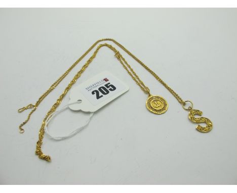 An Openwork 'S' Initial Pendant, on a fine chain to hook and lop fastener; A Fancy Link Chain, to hook and loop fastener, sus