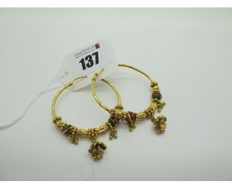 A Pair of Indian High Carat Hoop Earrings, highlighted in enamel, stamped "91.60".  
