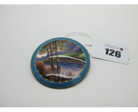 A Large Highly Decorative c.Early XX Century Enamel Brooch, the circular panel detailed with river landscape with trees in th