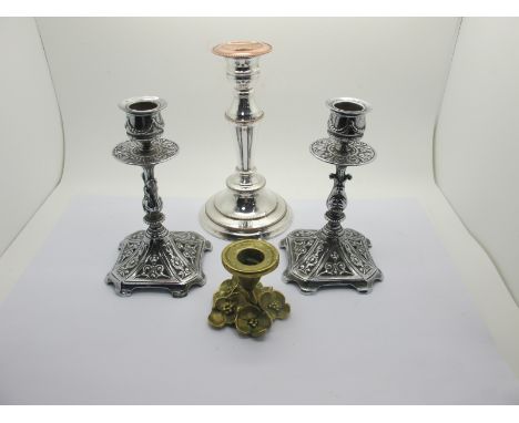 A Decorative Pair of Victorian William Tonks Cast Candlesticks, of pierced design, stamped "WT&amp;S", 16cm high; together wi