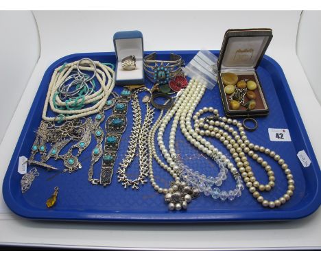 Assorted Costume Jewellery, including imitation pearls, Egyptian style filigree bracelet, dress rings, openwork bangle, etc :