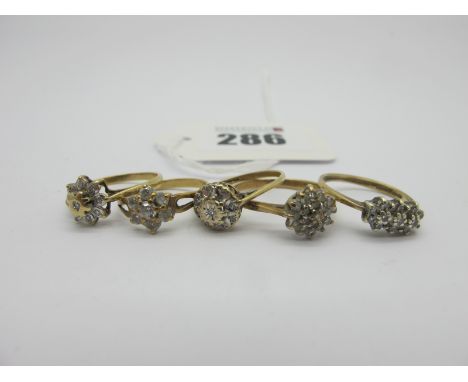 Five Modern 9ct Gold Cluster Dress Rings, of various designs (finger sizes noted K-P) (total weight 7grams).(5)
