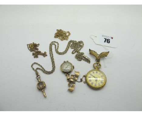 Rolex; A 9ct Gold Cased Ladies Pendant Watch, suspending from a 9ct gold brow brooch, together with a fob style watch, suspen