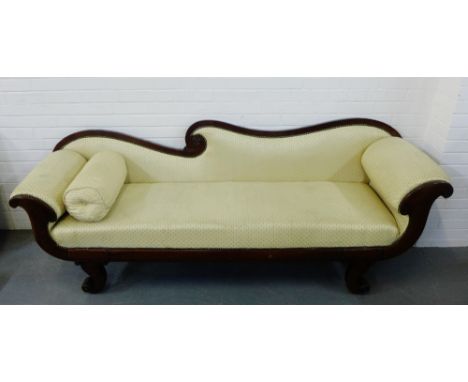 A mahogany framed scroll end sofa upholstered in cream silk style fabric, , 82 x 220cm