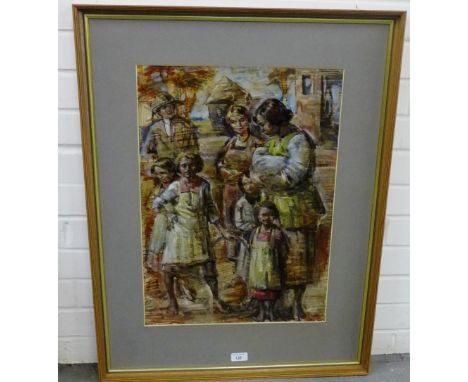 Mid Century School  'Group of Women, Children and a Man, in a street setting' Mixed media on board, apparently unsigned but i