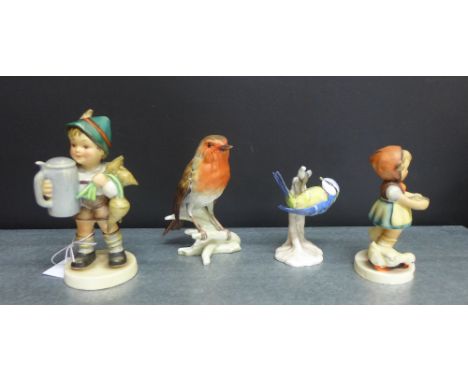 A mixed lot of two Hummel figures to include 'Be Patient' and another, together with two Goebel birds to include a Robin and 