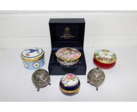 A mixed lot to include a pair of Epns spherical pepper pots, two enamel boxes to include Halcyon Days, Royal Worcester fairy 