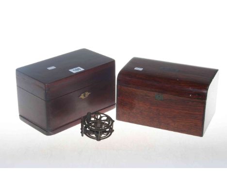 19th Century rosewood tea caddy, 19th Century mahogany box and Hardy MK2 brass reel.